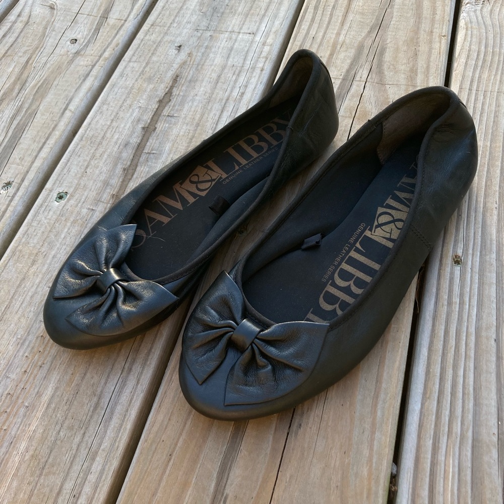 Sam & Libby Black Leather Ballet Flats with Bow Women’s Size 8 Medium Like New
